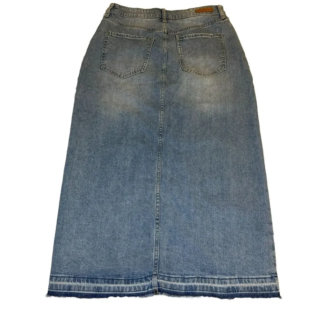 SANCTUARY Light Blue High Rise Front Slit Midi Denim Jean Skirt Raw Hem Size 28